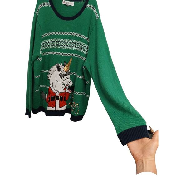 Ugly Unicorn Christmas Sweater Sz XXL Green Crazy Santa Sequins Fair Isle Whimsi - Picture 3 of 15